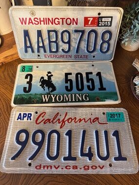 Bundle of 6-3 U.S. License Plate Sets- Washington, Wyoming, California -upcycle